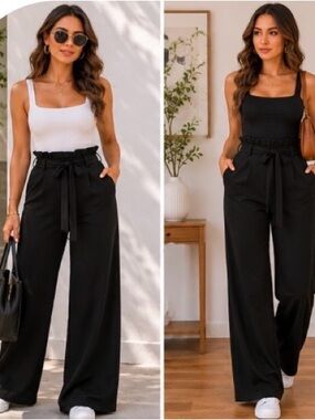 SLNGHR Black Wide Leg Paperbag Pants XS High Waist Minimalist Trousers Chic